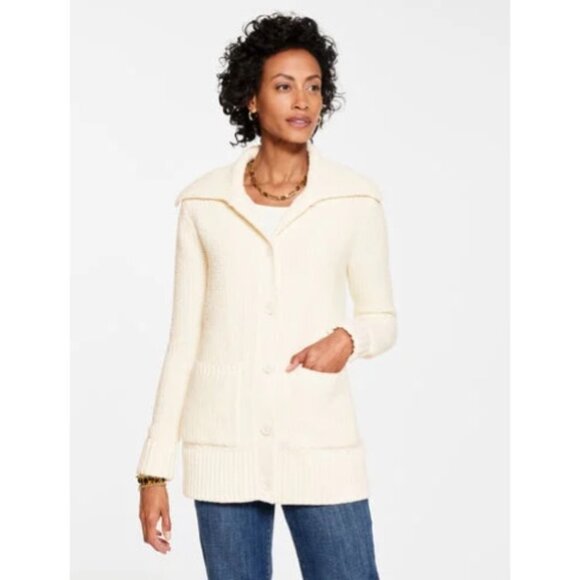 Old Navy Sz S Oversized Funnel Neck Rib Knit Cream Sweater Coat Pockets - Picture 2 of 8